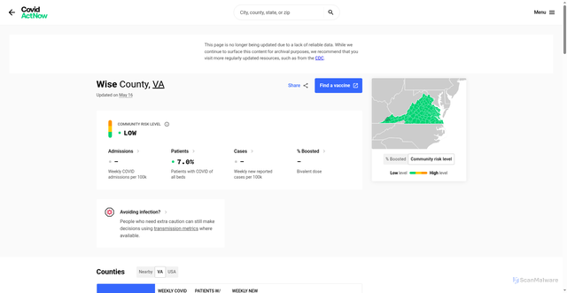 Security scan screenshot of https://covidactnow.org/us/virginia-va/county/wise_county/
