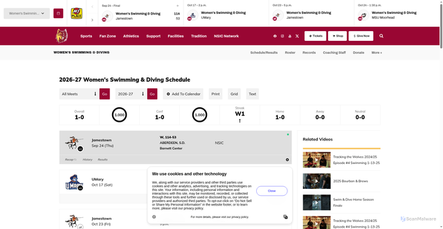Security scan screenshot of https://nsuwolves.com/sports/womens-swimming-and-diving/schedule