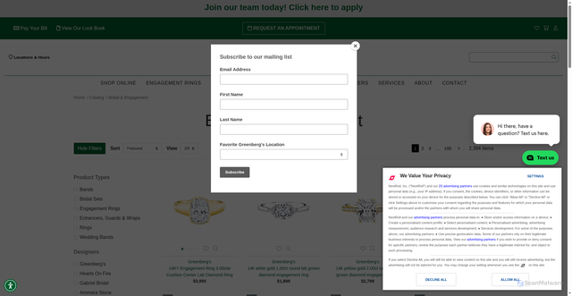 Security scan screenshot of https://www.greenbergsjewelers.com/catalog/bridal-engagement/?srsltid=AfmBOopINbkyj4CFYnIEdyPFwUyIdf_xyJz46Cze17hNn5v9vmUeVX0n