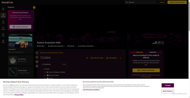 Security scan screenshot of https://anime-evolution.fandom.com/wiki/Codes