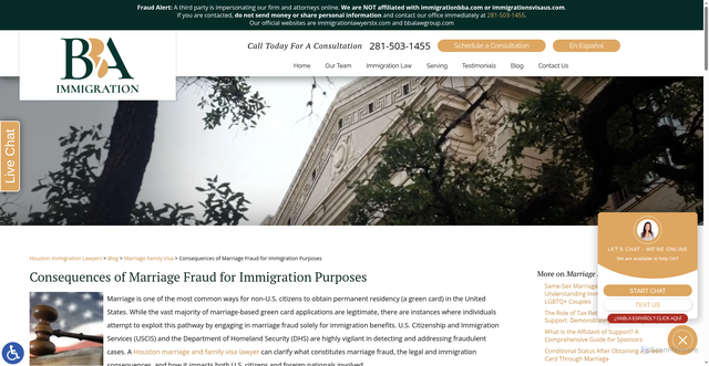 Security scan screenshot of https://www.immigrationlawyerstx.com/blog/marriage-family-visa/consequences-of-marriage-fraud-for-immigration-purposes/