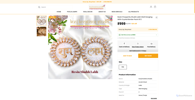 Security scan screenshot of https://kunjkreationsstudio.com/Resin-Prosperity-Shubh-Labh-Wall-Hanging-With-Crystal-Border-Pack/catalogue/j0v4jMUi/-NQsyJ3g