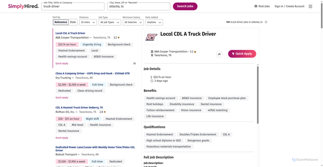 Security scan screenshot of https://www.simplyhired.com/search?q=truck+driver&l=atlanta%2C+tx