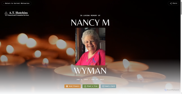 Security scan screenshot of https://www.athutchins.com/obituaries/nancy-wyman