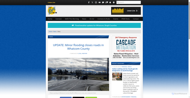 Security scan screenshot of https://kafe.com/news/297792-update-minor-flooding-closes-roads-in-whatcom-county/