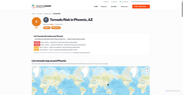 Security scan screenshot of https://explore.disasteraware.com/tornado-risk/phoenix-az/