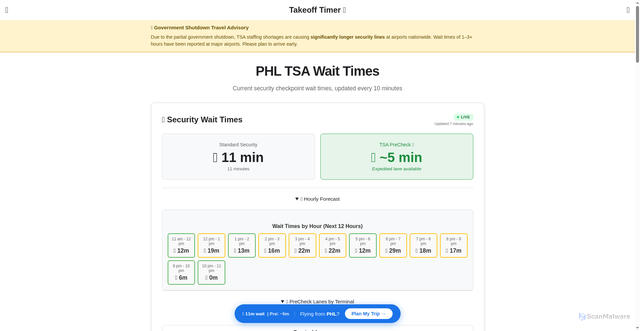 Security scan screenshot of https://www.takeofftimer.com/tsa-wait-times/PHL