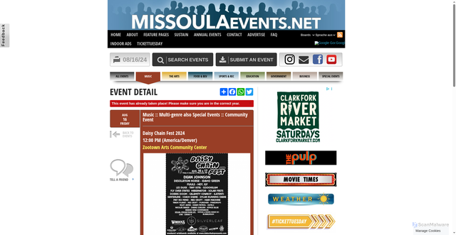 Security scan screenshot of https://www.missoulaevents.com/08/16/2024/daisy-chain-fest-2024/
