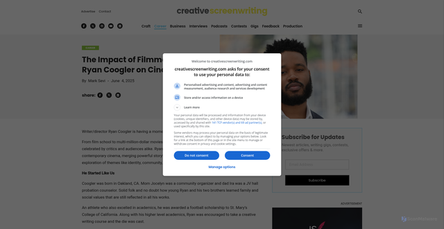 Security scan screenshot of https://creativescreenwriting.com/the-impact-of-filmmaker-ryan-coogler-on-cinema