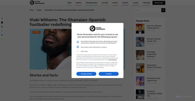 Security scan screenshot of https://ghanaremembers.com/stories/people/inaki-williams-the-ghanaian-spanish-footballer-redefining-world-football.html