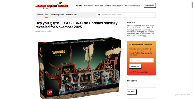 Security scan screenshot of https://jaysbrickblog.com/news/lego-21363-the-goonies-officially-revealed-for-november-2025/