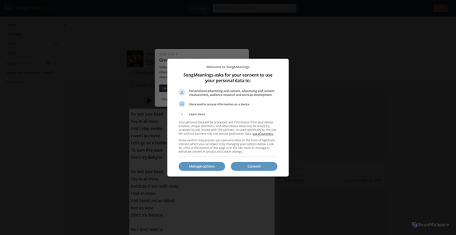 Security scan screenshot of https://songmeanings.com/songs/view/3530822107858646529/
