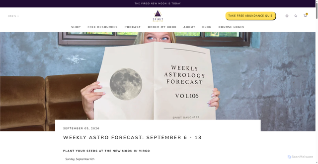 Security scan screenshot of https://spiritdaughter.com/blogs/align-with-magic/weekly-astro-forecast-september-6-to-september-13-2026-plant-your-seeds-at-the-new-moon-in-virgo?srsltid=AfmBOoqSeYbW82VDTM4sjNPn5ZaNS8p3SRmcmVNqIjFcgwBlgBQR3E-K