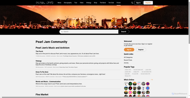 Security scan screenshot of https://community.pearljam.com/