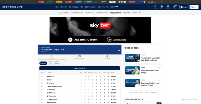 Security scan screenshot of https://www.sportinglife.com/football/league-tables/uefa-champions-league/63