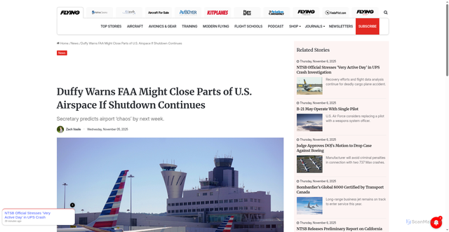 Security scan screenshot of https://www.flyingmag.com/duffy-warns-faa-might-close-parts-of-u-s-airspace-if-shutdown-continues/