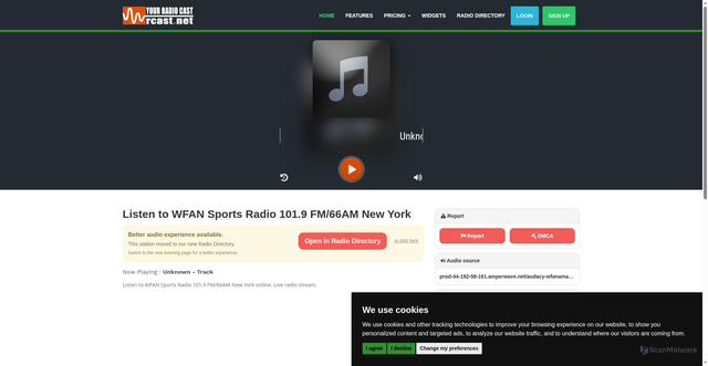 Security scan screenshot of https://www.rcast.net/dir/281966/wfan-sports-radio-101-9-fm-66am-new-york