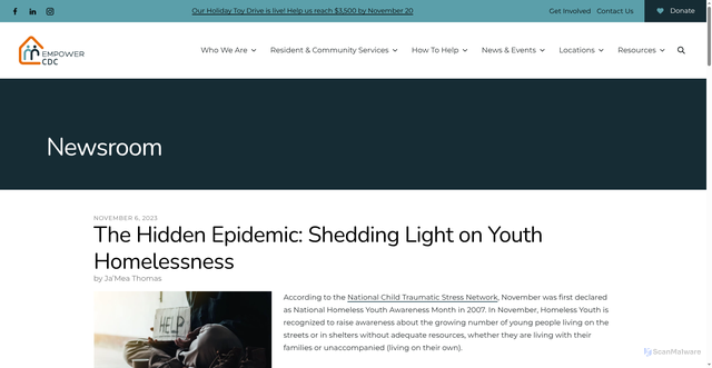 Security scan screenshot of https://empowercdc.org/news-events/newsroom.html/article/2023/11/06/the-hidden-epidemic-shedding-light-on-youth-homelessness