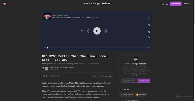 Security scan screenshot of https://levelchangepodcast.substack.com/p/ufc-325-better-than-the-usual-local