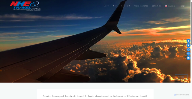 Security scan screenshot of https://www.nhetravel.com/2026/01/19/spain-transport-incident-level-3-train-derailment-in-adamuz-cordoba-brazil/