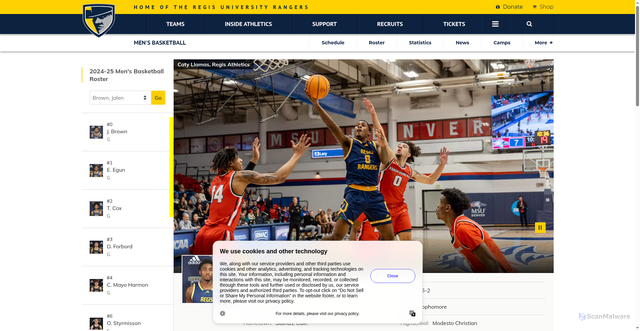 Security scan screenshot of https://regisrangers.com/sports/mens-basketball/roster/jalen-brown/5069