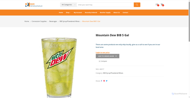 Security scan screenshot of https://rdmsales.com/product/mountain-dew-bib-5-gal/