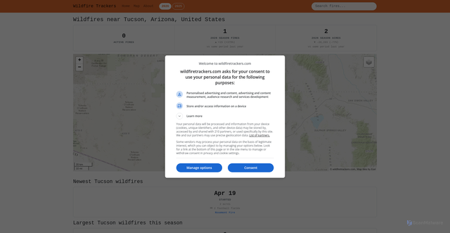Security scan screenshot of https://wildfiretrackers.com/f/us-az-tucson/fires