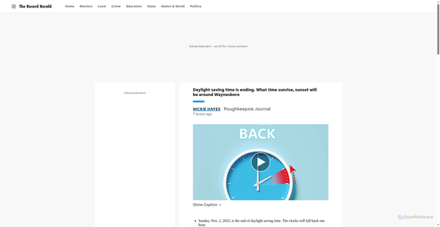 Security scan screenshot of https://www.therecordherald.com/story/news/local/2025/10/31/waynesboro-pa-sunrise-sunset-daylight-saving-time/87009084007/