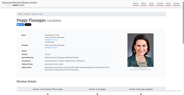 Security scan screenshot of https://mn.electionarchives.lib.umn.edu/candidate/peggy-flanagan/