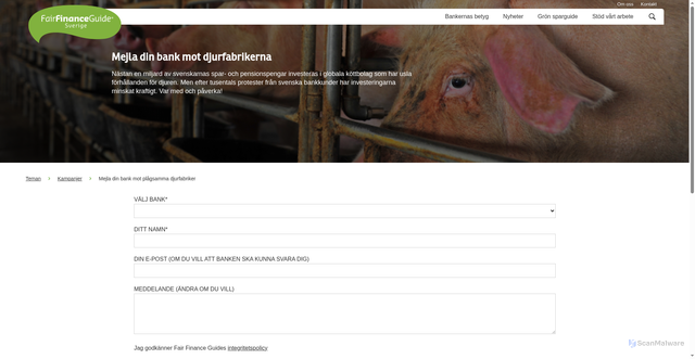 Security scan screenshot of https://fairfinanceguide.se/sverige/teman/kampanjer/mejla-din-bank-mot-plaagsamma-djurfabriker/