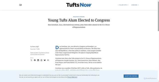 Security scan screenshot of https://now.tufts.edu/2018/11/07/young-tufts-alum-elected-congress
