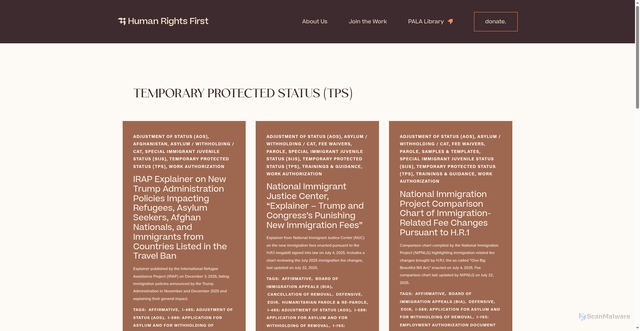 Security scan screenshot of https://resources.humanrightsfirst.org/topics/temporary-protected-status/