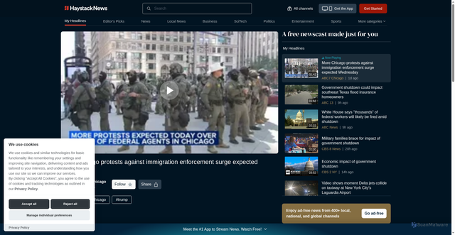 Security scan screenshot of https://www.haystack.tv/v/chicago-protests-immigration-enforcement-surge-expected-wednesday