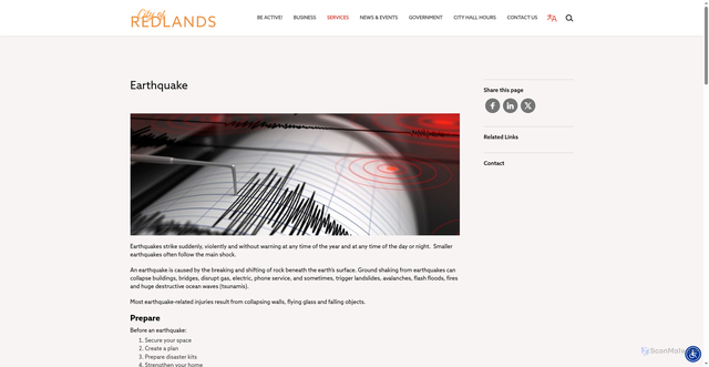 Security scan screenshot of https://www.redlands.gov/earthquake/