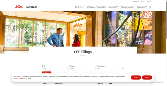 Security scan screenshot of https://investor.lilly.com/financial-information/sec-filings
