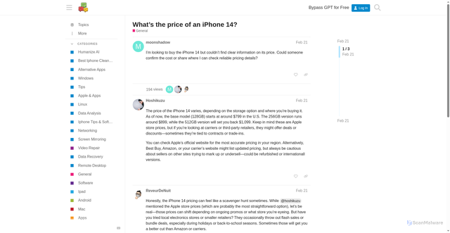Security scan screenshot of https://eyefi.com/t/whats-the-price-of-an-iphone-14/1808