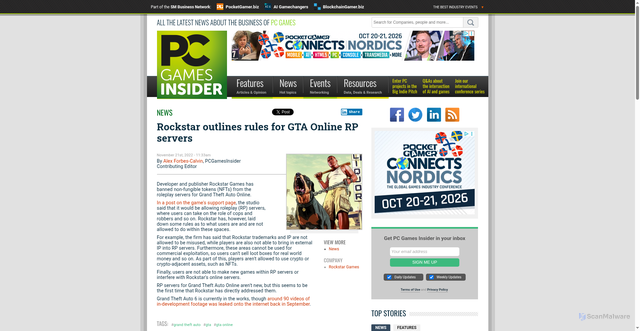 Security scan screenshot of https://www.pcgamesinsider.biz/news/73452/rockstar-outlines-rules-for-gta-online-rp-servers/