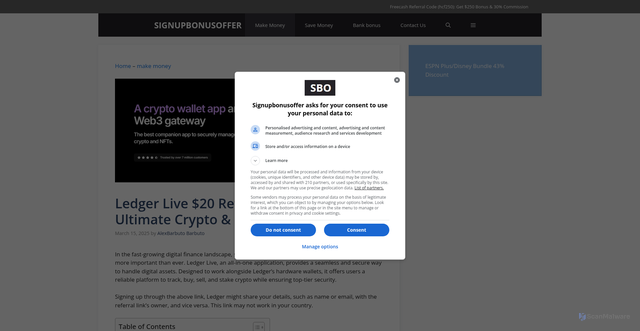 Security scan screenshot of https://signupbonusoffer.com/ledger-live-referral-bonus