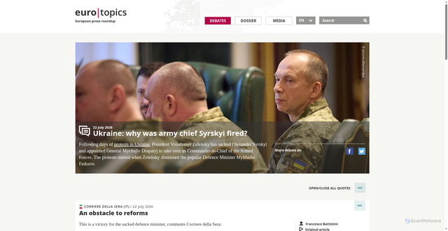 Security scan screenshot of https://www.eurotopics.net/en/361226/ukraine-why-was-army-chief-syrskyi-fired
