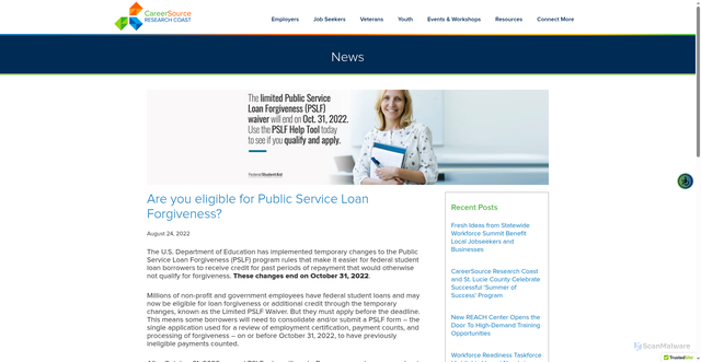 Security scan screenshot of https://careersourcerc.com/are-you-eligible-for-public-service-loan-forgiveness/