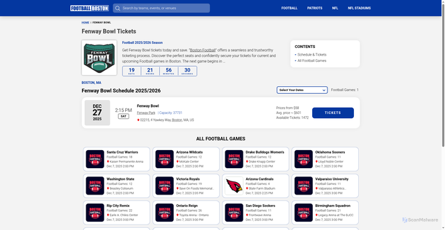 Security scan screenshot of https://football.boston/tickets/fenway-bowl/