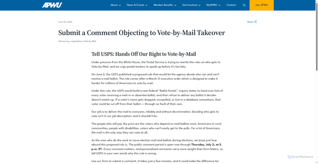 Security scan screenshot of https://apwu.org/news/submit-a-comment-objecting-to-vote-by-mail-takeover/