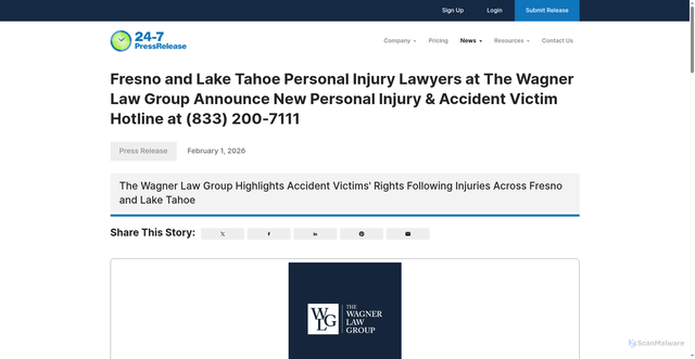 Security scan screenshot of https://www.24-7pressrelease.com/press-release/531374/fresno-and-lake-tahoe-personal-injury-lawyers-at-the-wagner-law-group-announce-new-personal-injury-accident-victim-hotline-at-833-200-7111