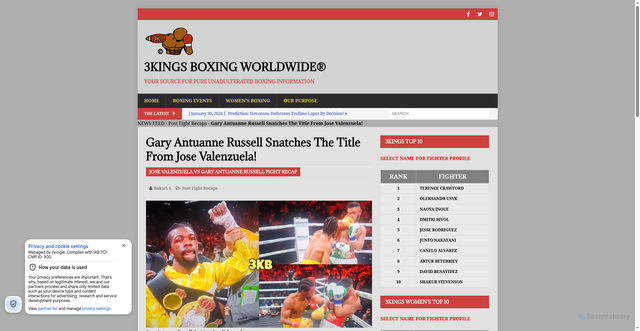 Security scan screenshot of https://3kingsboxing.com/gary-antuanne-russell-snatches-the-title-from-jose-valenzuela/