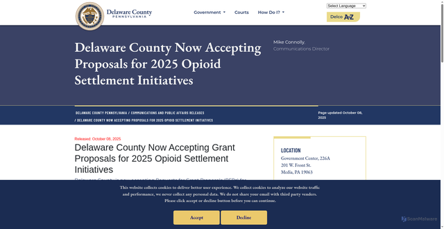 Security scan screenshot of http://www.delcopa.gov/news/2025/delaware-county-launches-primary-trail-network-information-hub-copy