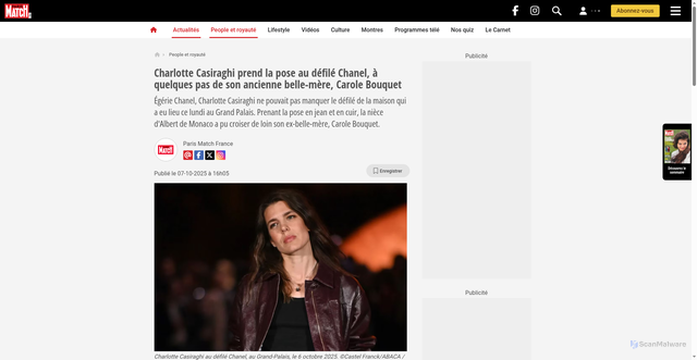 Security scan screenshot of https://www.parismatch.be/actualites/people/2025/10/07/charlotte-casiraghi-prend-la-pose-au-defile-chanel-a-quelques-pas-de-son-ancienne-belle-mere-carole-bouquet-B62JFHJICJHQDLHE3HF553N2DA/