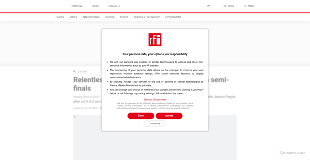 Security scan screenshot of https://www.rfi.fr/en/sports/20251010-relentless-sabalenka-marches-into-wuhan-semi-finals
