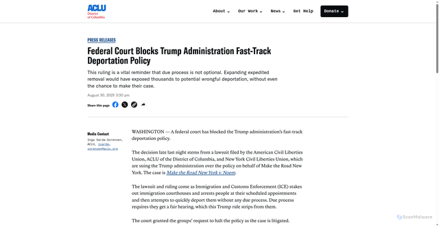 Security scan screenshot of https://www.acludc.org/press-releases/federal-court-blocks-trump-administration-fast-track-deportation-policy/