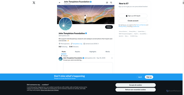 Security scan screenshot of https://x.com/templeton_fdn?utm_source=Receive+News+from+the+John+Templeton+Foundation&utm_campaign=382b9da7e0-EMAIL_CAMPAIGN_2026_templetonideas_20260225&utm_medium=email&utm_term=0_-42837b4b08-97355777