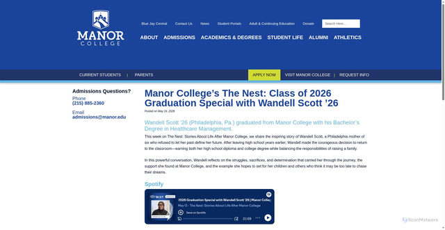Security scan screenshot of https://manor.edu/manor-colleges-the-nest-class-of-2026-graduation-special-with-wandell-scott-26/